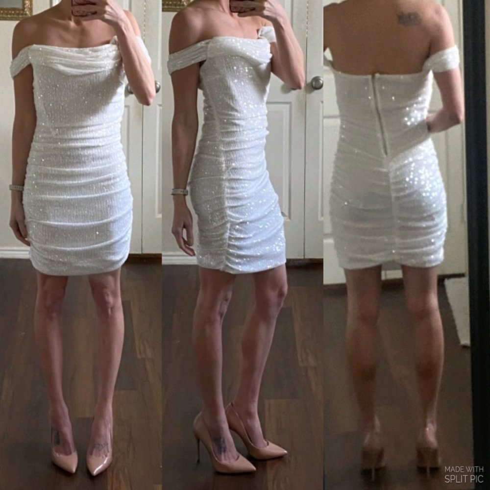 Love & Lemonade white sequin ruched mini bodycon cocktail homecoming dress